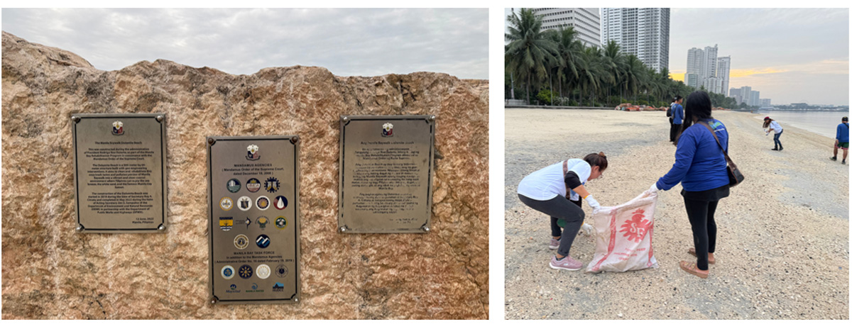 Split image: left side shows three bronze plaques mounted on a rocky wall; right side shows two volunteers gathering litter in a pebbly beach with a city skyline in the background.