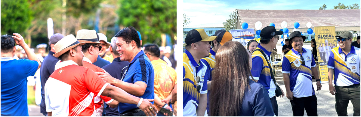 Two-panel scene: left shows men greeting with a handshake at an outdoor event; right shows volunteers in blue-yellow uniforms chatting at a festival with balloons.