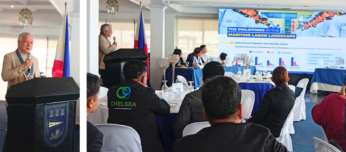 Conference scene with a man speaking at a podium, Philippine flag visible, and a panel of speakers in the background.