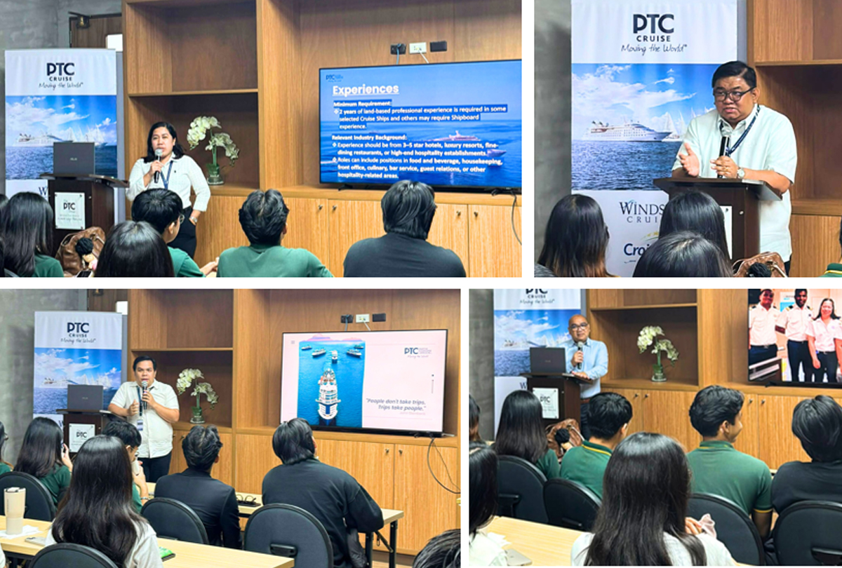 Far Eastern University Tourism students-3 | PTC collage showing multiple speakers presenting at a PTC Cruise briefing to an audience in a wood-paneled conference room with a large screen slide and banners on display