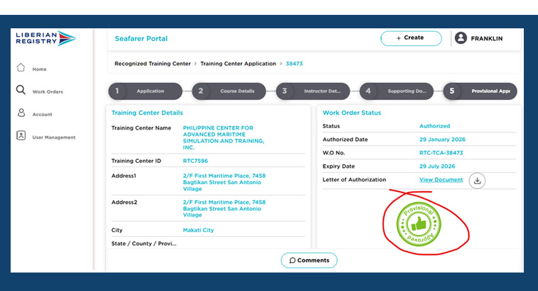 Screenshot of a Seafarer Portal page showing Training Center Details and Work Order Status with center name, address, and IDs, plus a circled green approval stamp.