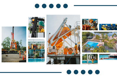 Collage of construction site photos with workers, cranes, and equipment showing a building project in progress.