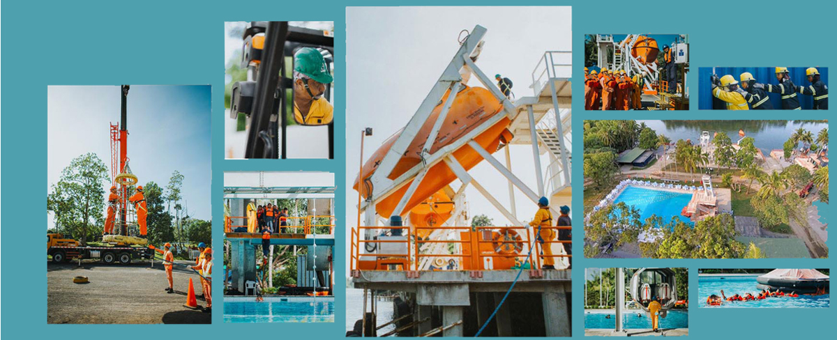 Collage of construction workers in hard hats with cranes, scaffolding and heavy equipment at a site