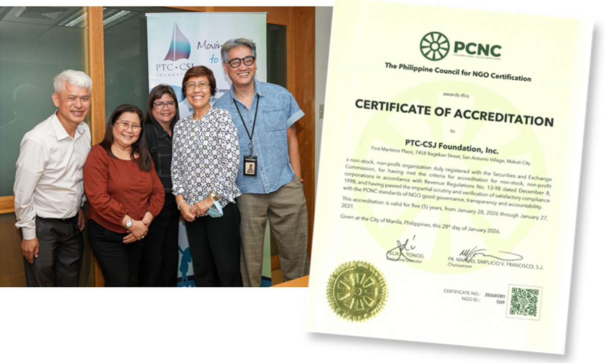 PTC-CSJ Foundation-3 | PTC Five professionals pose together beside a large 'Certificate of Accreditation' document at an office event.