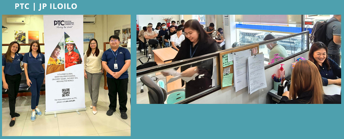 Five PTC Philippines staff posing beside a tall promotional banner in a bright lobby area.