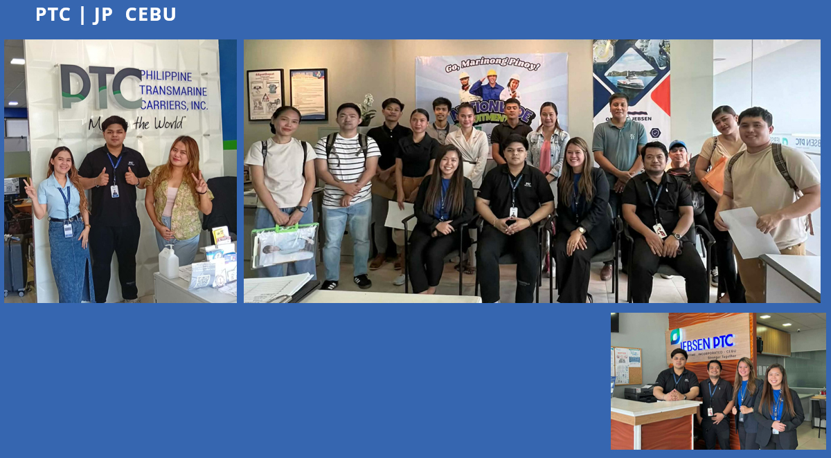 Group photo of PTC Cebu staff and visitors posing indoors at a company event, smiling and making friendly gestures.