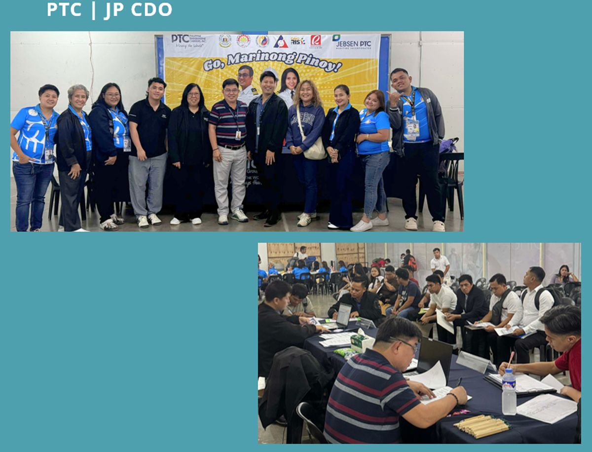 Two photos: a group of people posing in front of a banner that reads 'Go, Marionong Pinoy!' at a program, and attendees working at a long table with laptops and documents during a workshop.