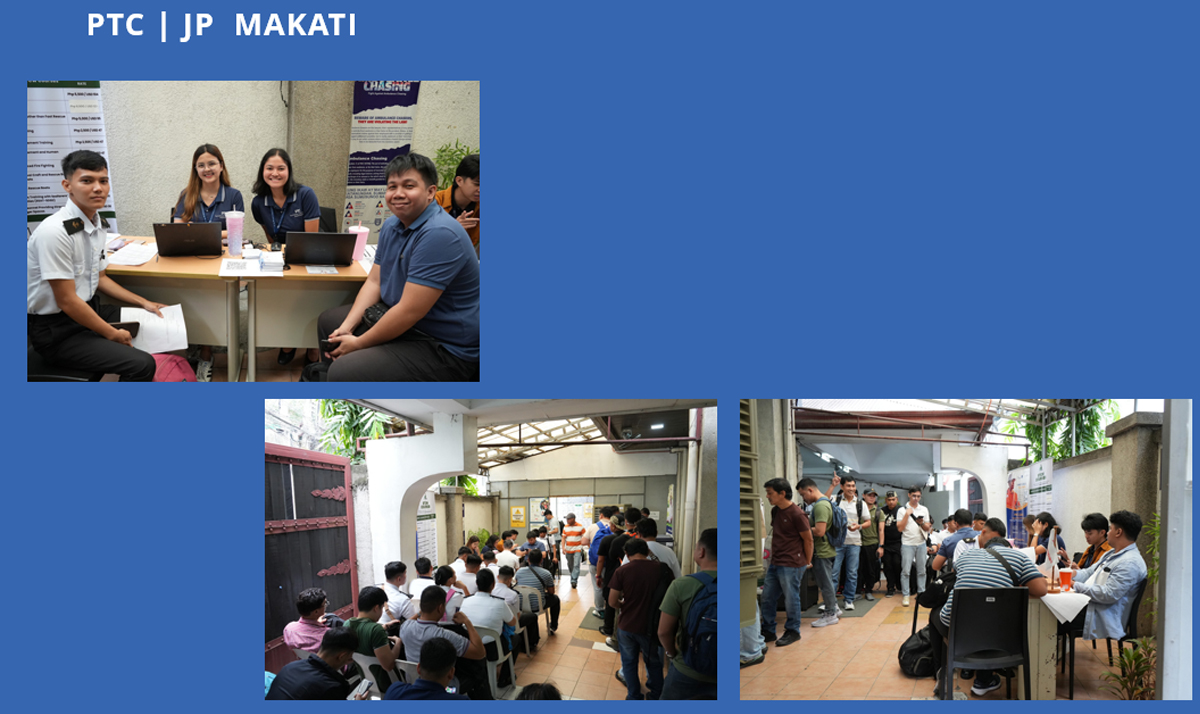 Four students with laptops and papers sit at a table at a campus info booth under a PTC | JP Makati header.