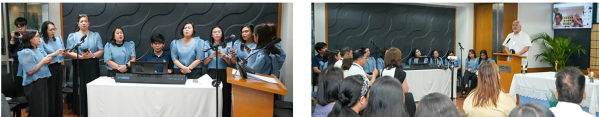 PTC marks 47 years-4 | PTC Chorus of people in blue tops singing at a formal event, with a keyboard and podium on stage.