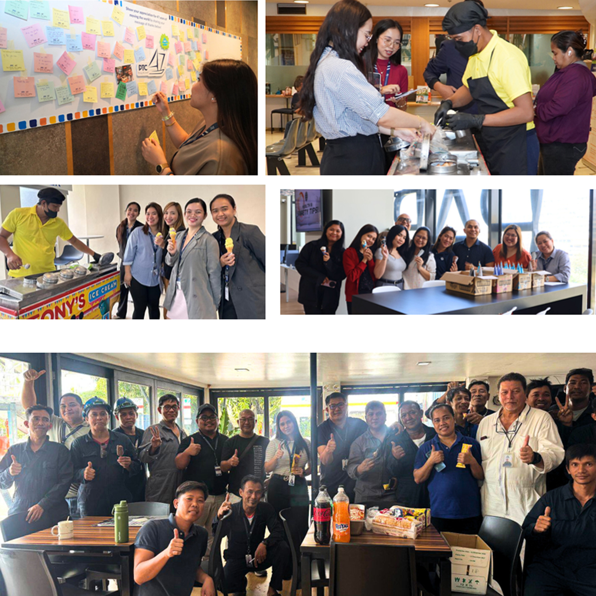 PTC marks 47 years-6 | PTC Collage of coworkers at a company event: posting notes on a board, a food station, ice cream treats, snacks, and a large group posing with thumbs up.