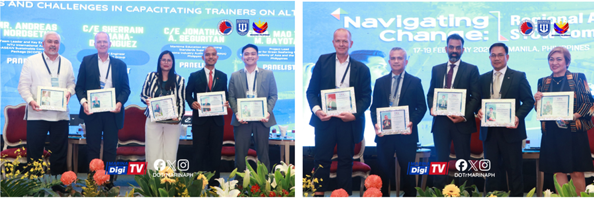 PTC participates in IMO Regional STCW-02 | PTC Eight professionals on stage holding framed certificates at a conference awards ceremony, facing the camera.