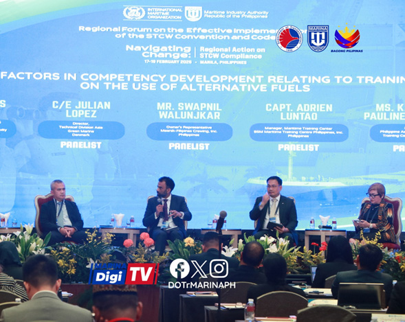 PTC participates in IMO Regional STCW-03 | PTC Four panelists sit on a stage under a blue banner about a regional forum on alternative fuels, with microphones and floral arrangements visible.