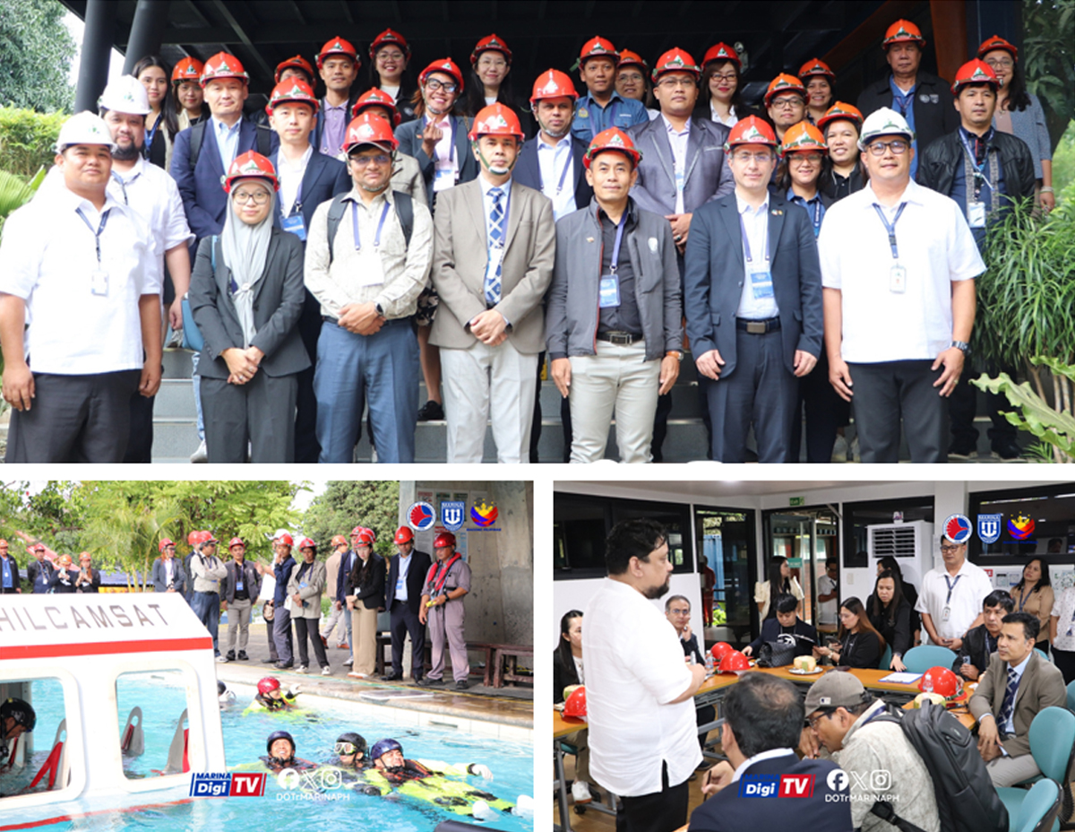 PTC participates in IMO Regional STCW-04 | PTC Group photo of professionals in red safety helmets, with scenes of a pool rescue drill and an indoor staff briefing below.