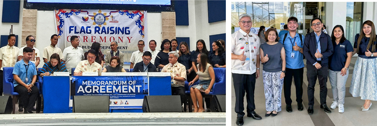 Two-panel photo: left shows officials signing a Memorandum of Agreement at a flag-raising ceremony; right, a diverse group poses with thumbs up.