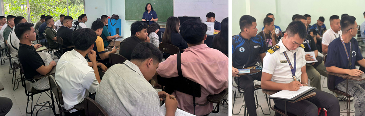 Two-panel classroom training: left shows a female instructor at the front addressing a large group of men; right shows uniformed students taking notes in a classroom.