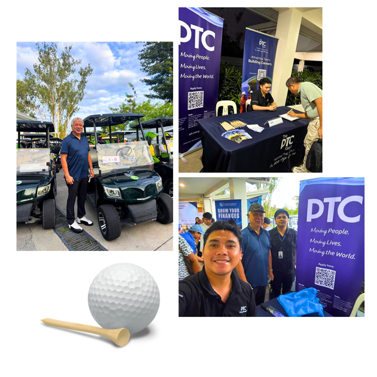 18th FAME Golf Invitational-3 | PTC Group collage from a PTC recruitment event showing banners, staff at a table, and attendees with golf carts on a sunny day. A golf ball and putter are in the foreground.