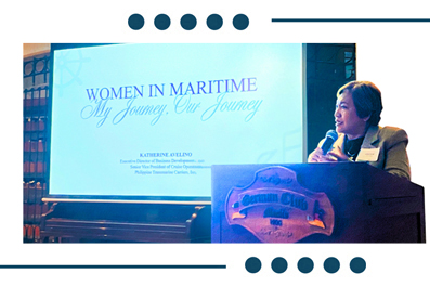 Speaker at podium presenting at a maritime conference; screen behind reads 'WOMEN IN MARITIME My Journey, Our Journey'.