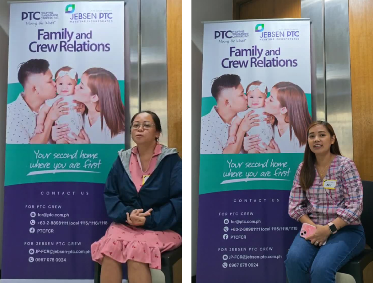 PTC FCR holds seminar-3 | PTC Two side-by-side photos of a person sitting beside a tall banner that says 'Family and Crew Relations' with logos at the top.