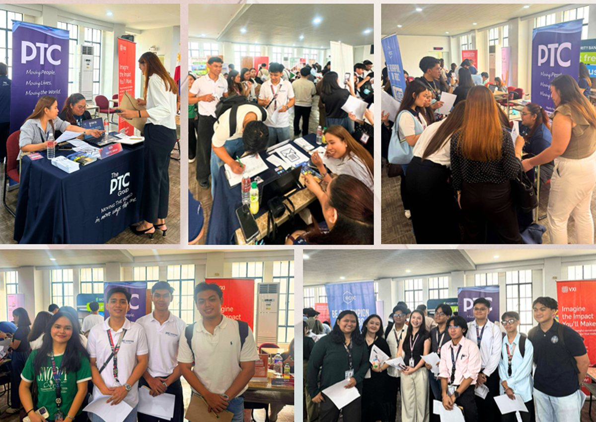Crowded indoor career fair with multiple booths and students talking to recruiters by blue banners labeled PTC.