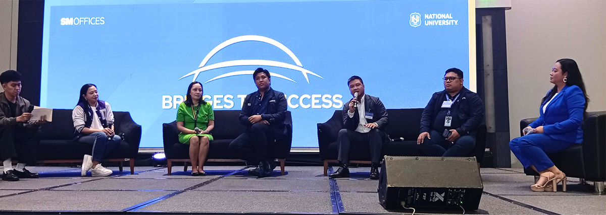PTC joins NUs-2 | PTC Panel of six speakers seated in chairs on a stage, large blue screen behind reads 'Bridge to Success' with a university logo and 'SMOFFICES' branding.