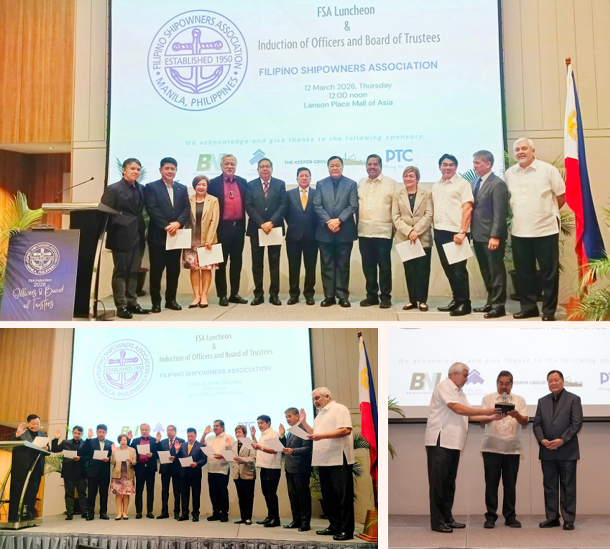 PTC reinforces industry-5 | PTC Group photo of professionals on stage during the FSA Luncheon and Induction ceremony in Manila, with banners and a Philippine flag in view.