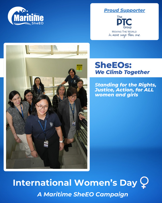 Group of women standing on a stairwell as part of a Maritime SheEO campaign poster for International Women’s Day, featuring logos and the slogan “We Climb Together.”