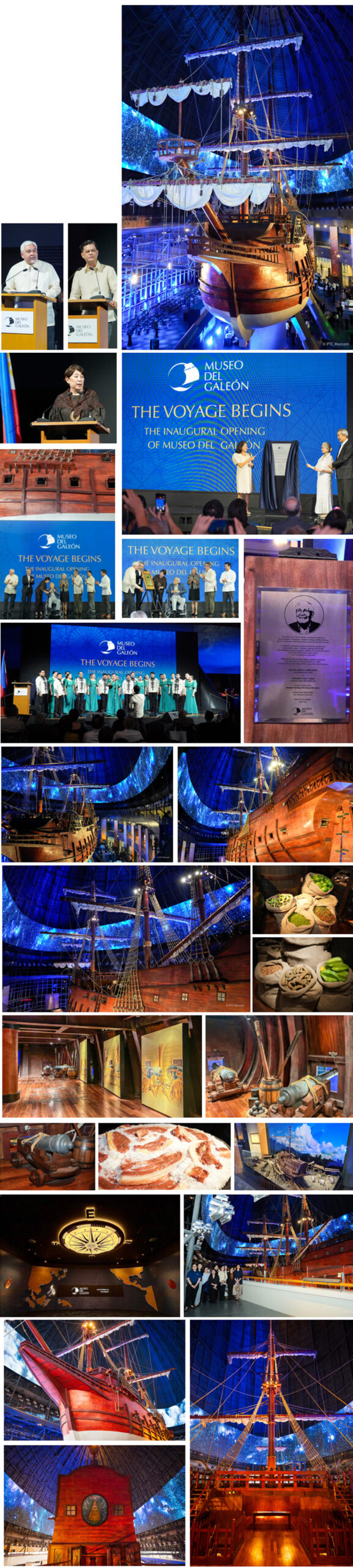 Collage showing the Museo del Galeón exhibit: a large wooden ship, blue-lit interior, and several speakers at a podium for the inaugural opening event.