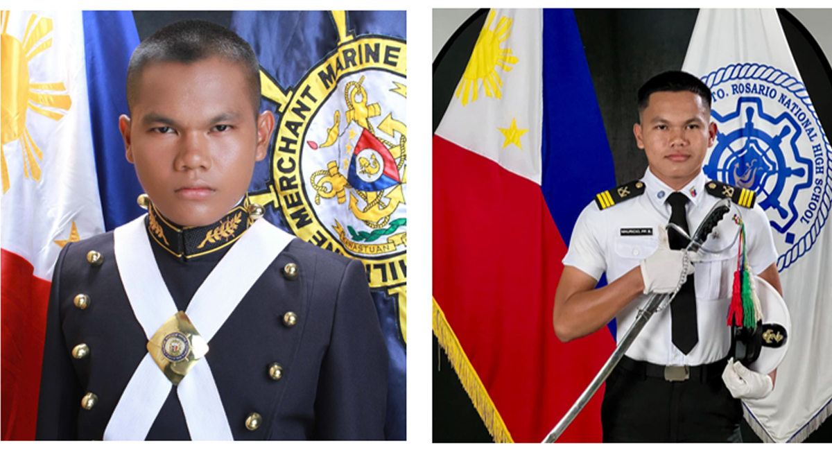 Two male cadets in formal uniforms pose in front of Philippine flags; left in dark dress with white sash, right in white shirt holding a ceremonial sword.