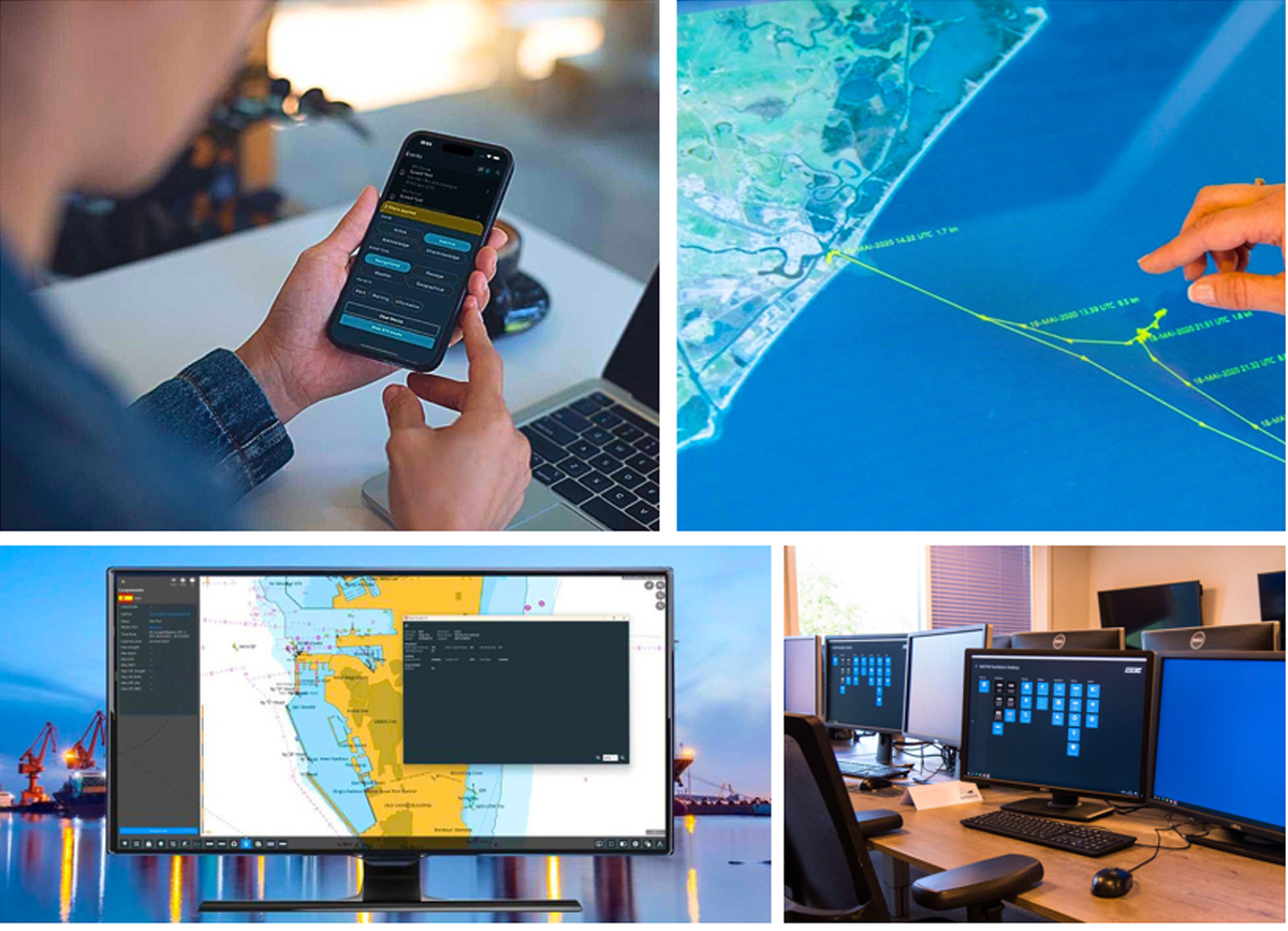 Collage of IT work: a person uses a mobile app on a smartphone, a blue map with yellow data lines, a large monitor showing a map and code, and a row of computer workstations.