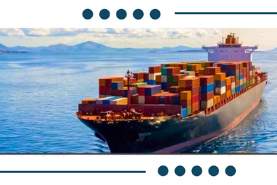 Container cargo ship sailing on blue sea with colorful stacked containers and distant mountains on the horizon.