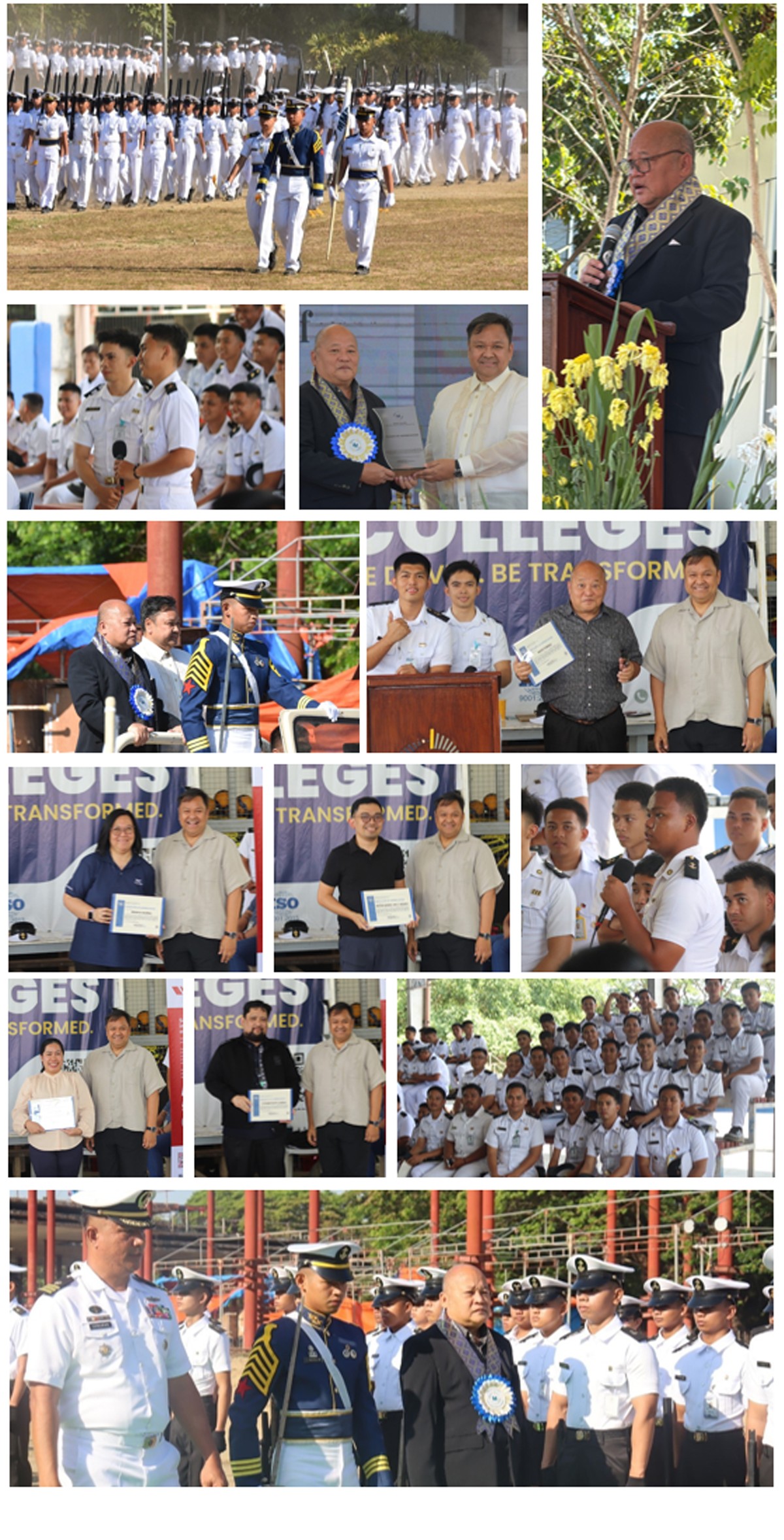 Collage of uniformed cadets at a formal ceremony, with marching groups, speeches, and award moments.