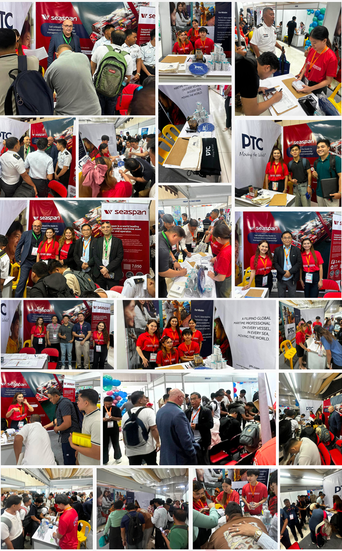 Crowd of attendees at a busy trade show booth featuring PTC/Seaspan banners and staff.