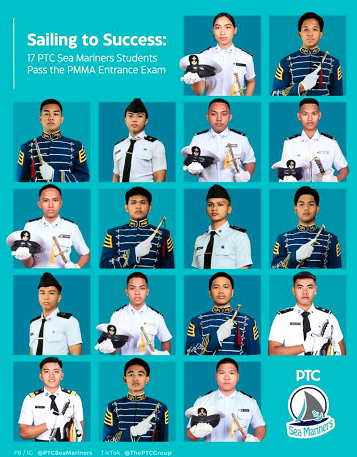 Seafaring dreams take flight-3 | PTC Poster collage showing 17 Sea Mariners students in uniform, promoting PMMA entrance exam success.