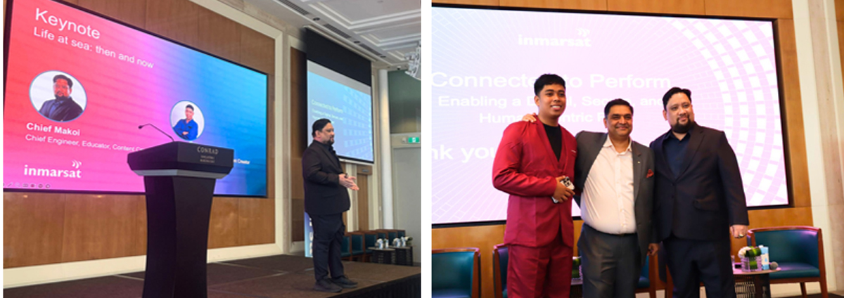 digital transformation at Singapore Maritime Week-3 | PTC Speaker at a podium delivering a keynote on a conference stage with a large Inmarsat screen behind him on the left panel.