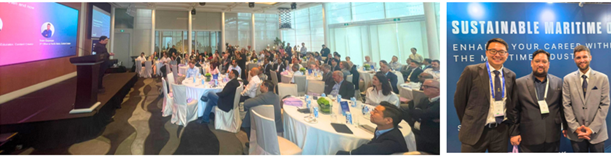 digital transformation at Singapore Maritime Week-6 | PTC Conference hall with a speaker at a podium addressing a large audience at round tables in a bright, modern venue.