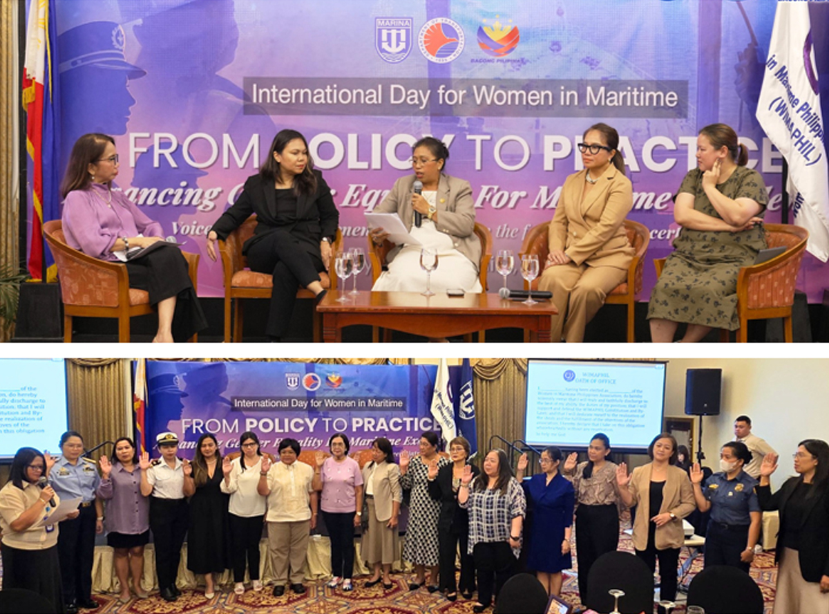 MARINA champions gender equality-3 | PTC Panel discussion on a stage for 'International Day for Women in Maritime' with five women seated, microphones and glasses on the table in front of a purple banner reading 'From Policy to Practice'.