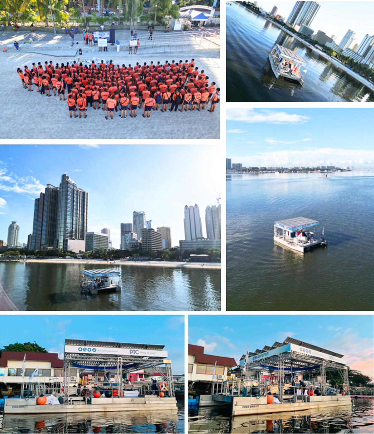 One Earth One Ocean and PTC advance marine-4 | PTC Group of people in orange shirts standing in formation at an outdoor event, with a city skyline and water nearby.
