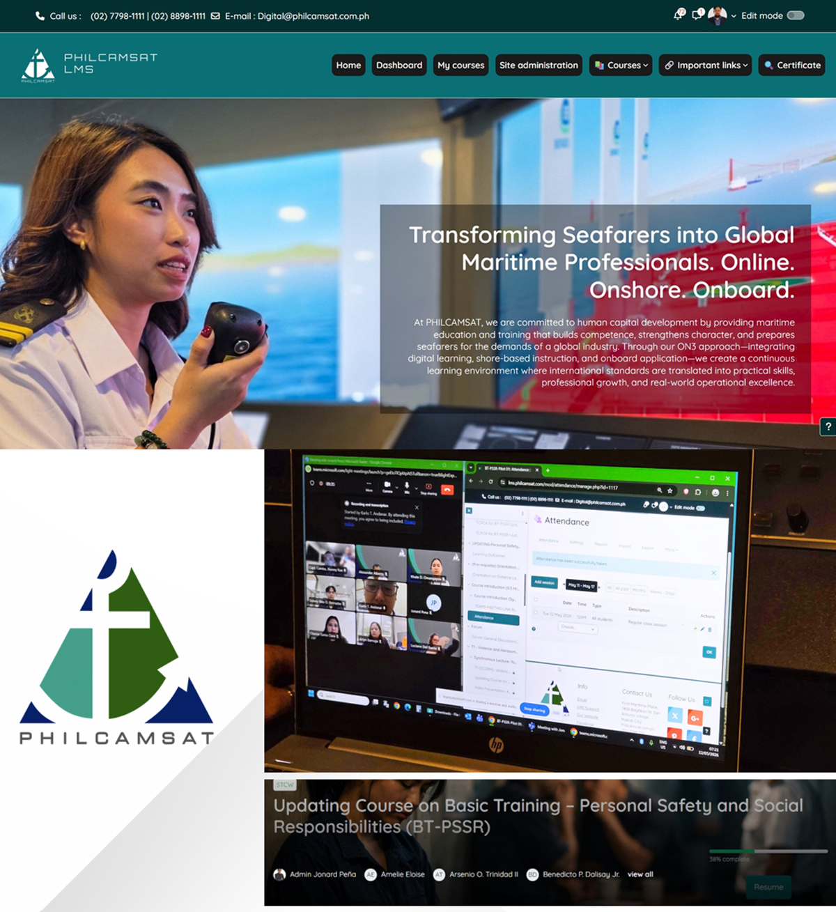 PHILCAMSAT advances digital maritime training-3 | PTC Hero banner for PhilCAMSAT LMS: a staff member with headset, logo on the left, and a split-screen showing a computer monitor with course content.