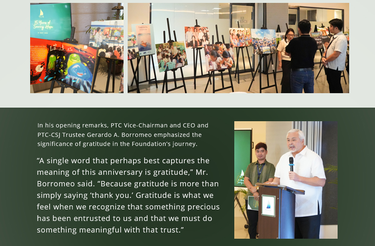 Collage showing an art exhibition with colorful paintings on easels and visitors viewing the displays, plus a separate photo of a man speaking at a podium during a formal event.