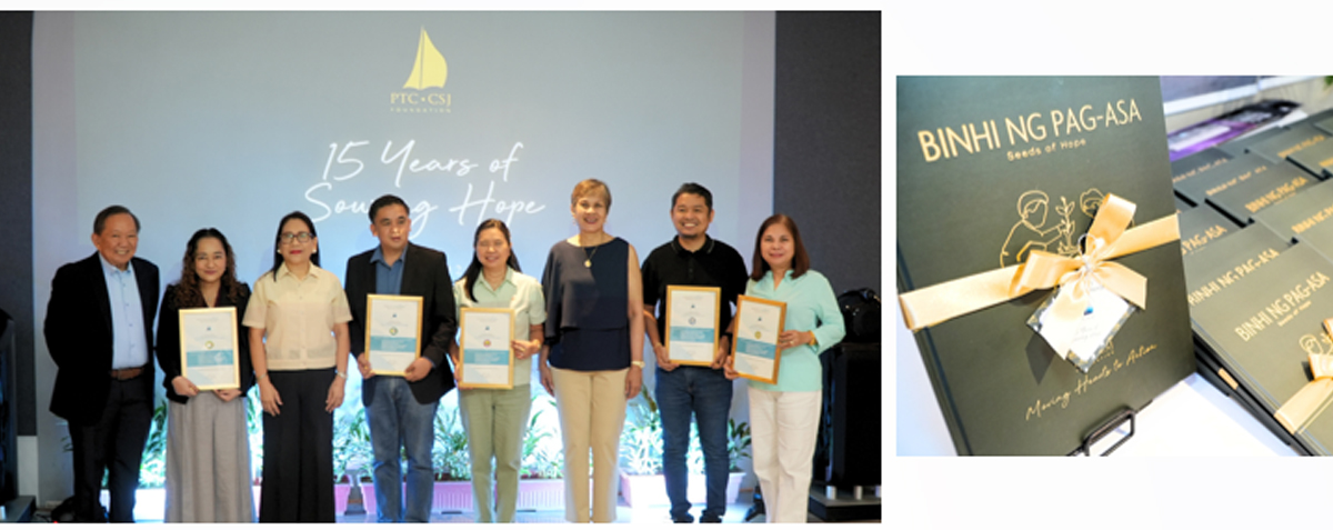 Eight people on a stage hold framed certificates during an awards ceremony, with a banner that reads '15 Years of... Hope' in the background.
