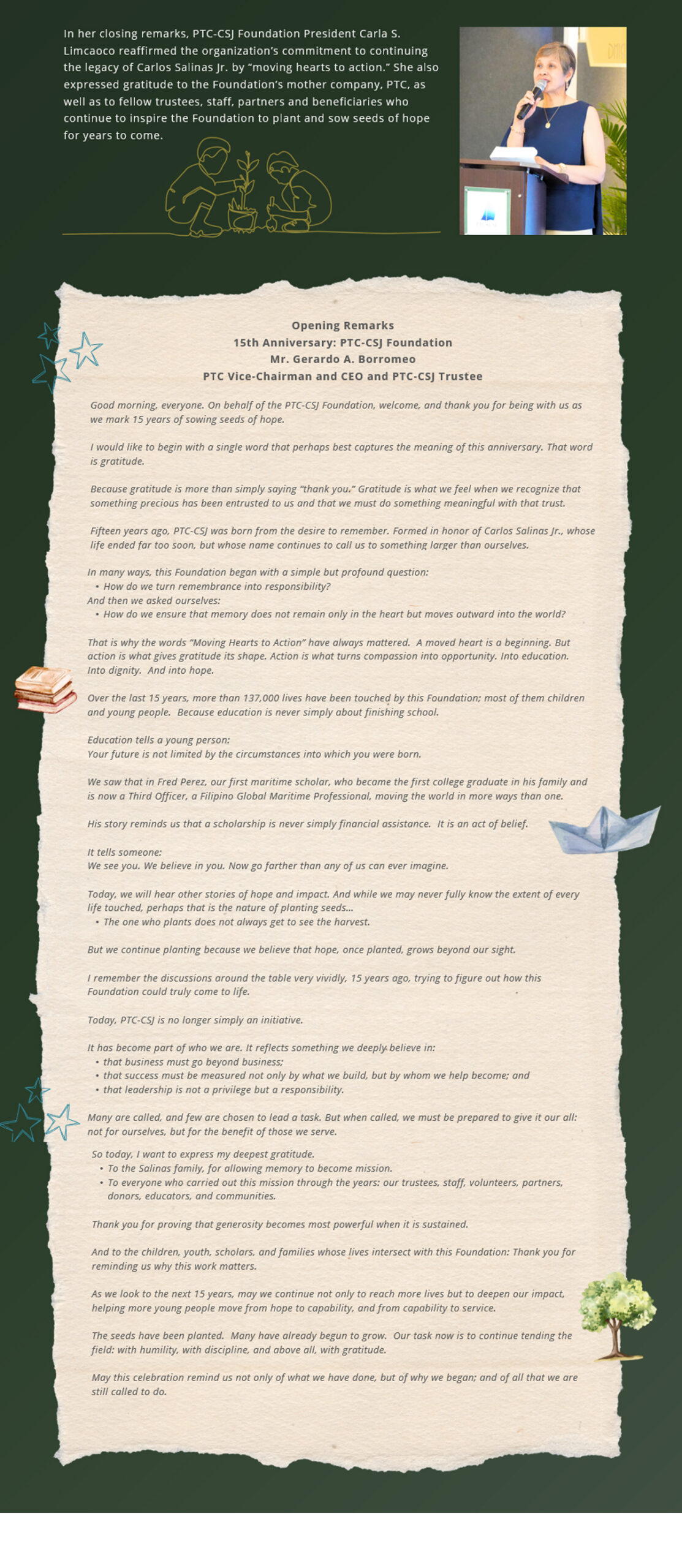 Poster-style image on a green background showing opening remarks for the PTC-CSJ Foundation anniversary, with a photo of a woman speaking at a podium, a line-drawn plant-planting scene, and a torn parchment sheet of text titled 'Opening Remarks.'
