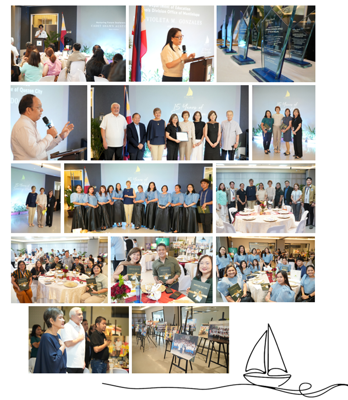 Collage from a formal event: speeches, award presentations, group photos, and a banquet moment.