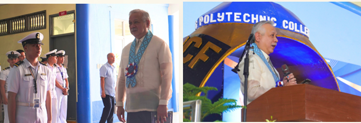 challenges graduates to stay grounded-3 | PTC Left panel: man in beige shirt and blue ceremonial scarf walking past uniformed naval officers; right panel: man at a podium giving a speech, with a Polytechnic College backdrop.