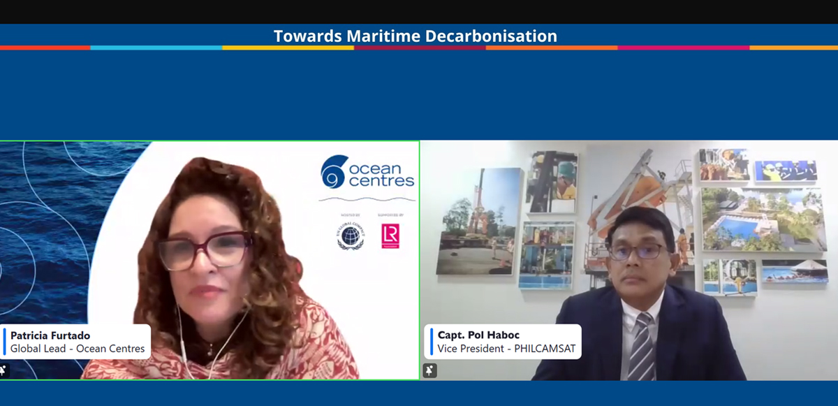 Two presenters in a split-screen video panel for an online event, with a 'Towards Maritime Decarbonisation' banner above; left is Patricia Furtado (Global Lead - Ocean Centres) and right is Capt. Pol Haboc (Vice President - PHILCAMSAT) seated in formal attire.