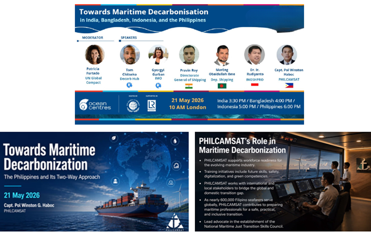 Promotional banner for 'Towards Maritime Decarbonisation' with speaker headshots, event date, and ocean imagery.