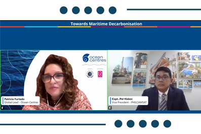 Split-screen video panel: Patricia Furtado (Global Lead, Ocean Centres) on the left and a male host on the right, with maritime backdrops, logos, and a banner reading “Towards Maritime Decarbonisation.”