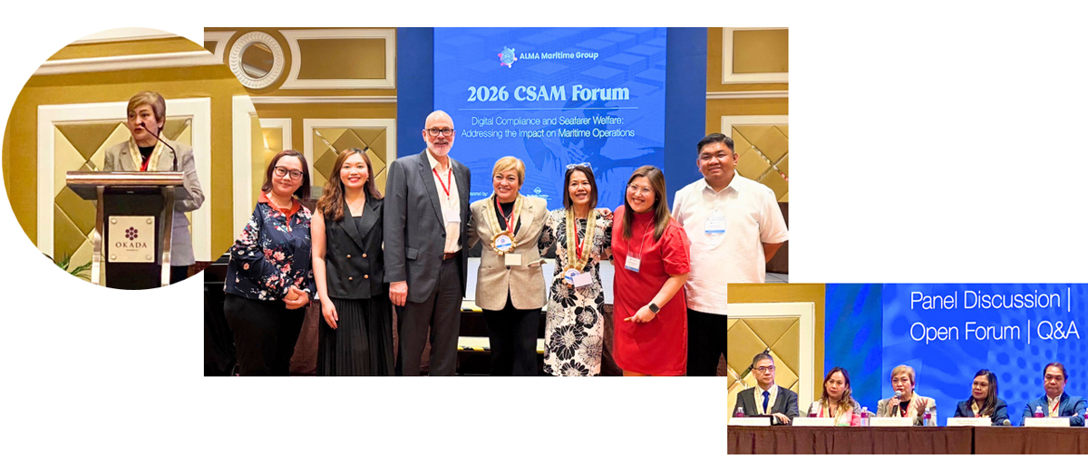 cyber ethics and seafarer protection-3 | PTC Group photo of conference participants on stage at the 2026 CSAM Forum, with a blue banner behind.