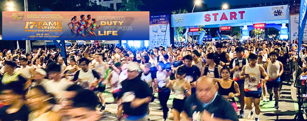 17th FAME Fun Run 2026-2 | PTC Large crowd of runners at a night-time start line for a fun run, with a START banner overhead and event banners to the side
