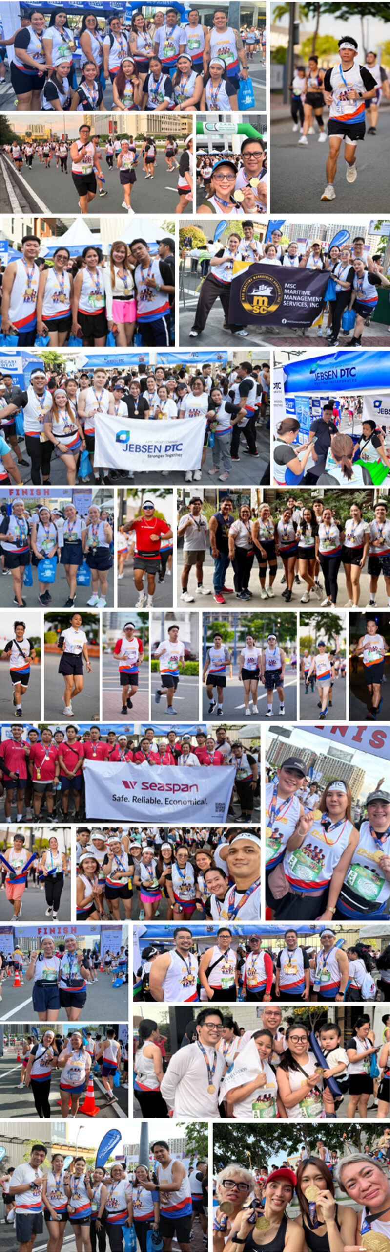 17th FAME Fun Run 2026-3 | PTC Group of diverse runners posing with medals and banners at a city marathon expo and finish area.