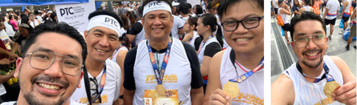 17th FAME Fun Run 2026-4 | PTC Group of runners posing for a selfie after finishing a race, wearing white shirts with medals and headbands.